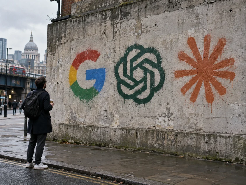 A passer-by looking at leading AI brand marks