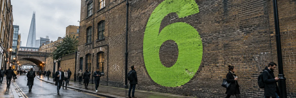 A London street beside a mural of the number six